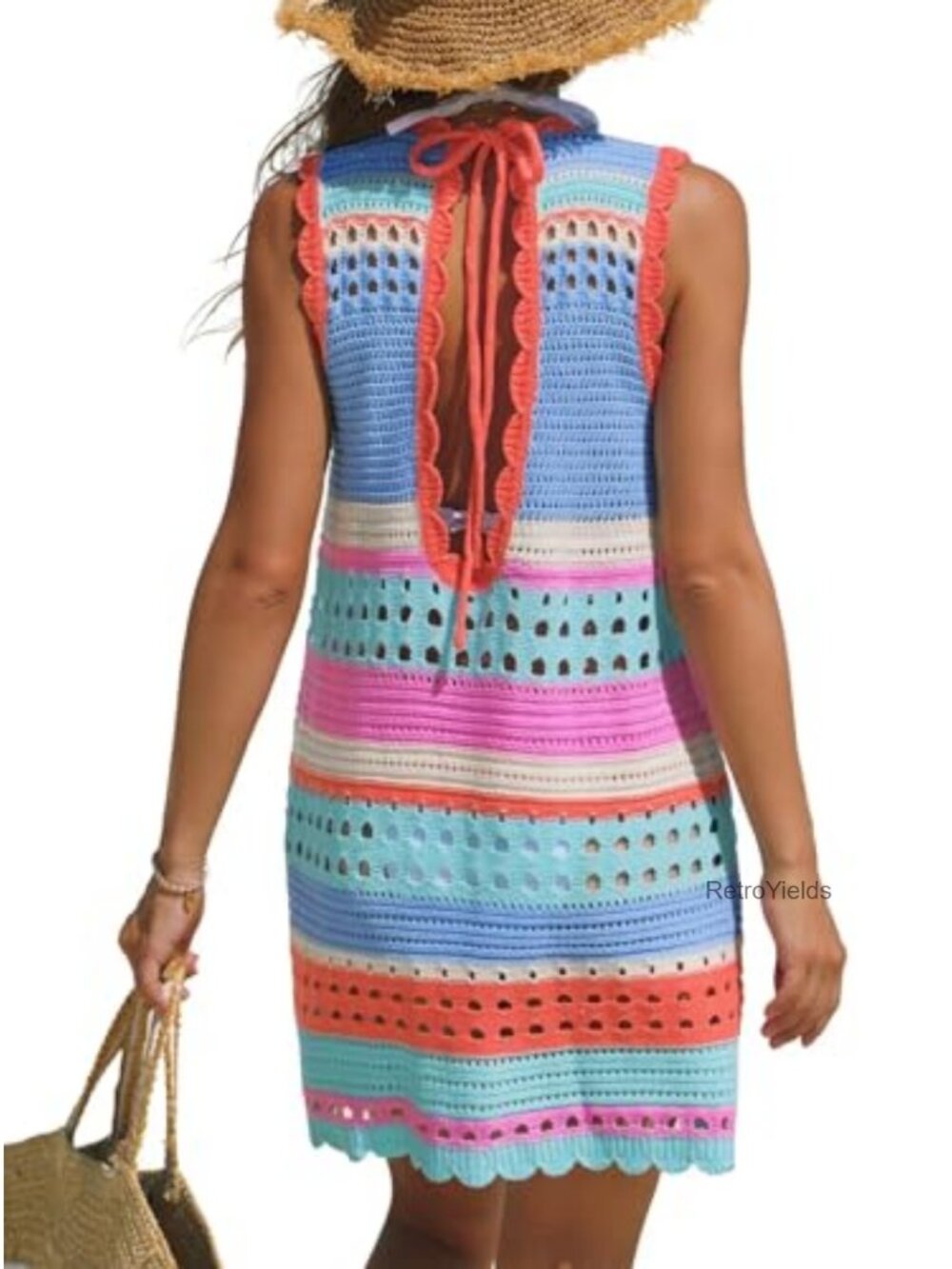 Women's Crochet Swim Cover Up Sleeveless Beach Dress Tie Back